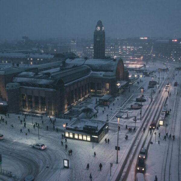 aerial photography of street at night covered with snow